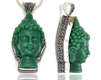 Meditation 3D Composite Jade Buddha Head Carving Pendant FREE 3MM Italian Snake Chain P8464