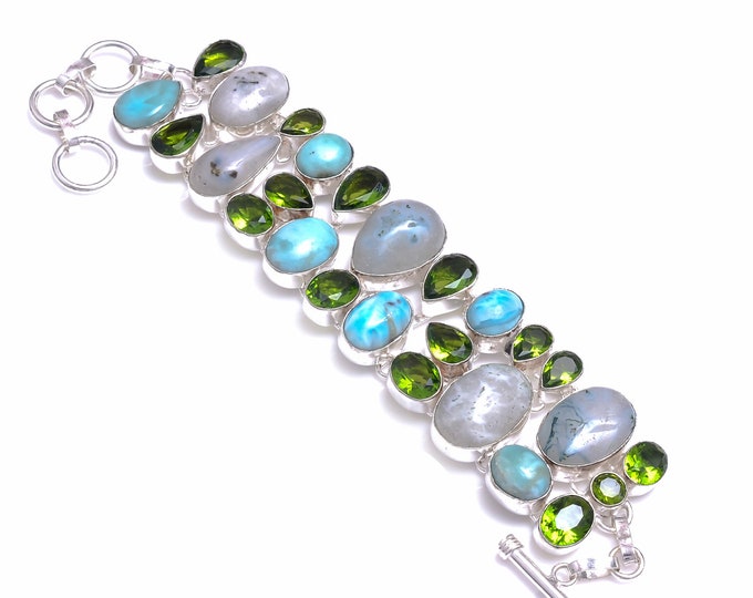 Moss Agate Larimar Peridot 925 Sterling Silver Bracelet B4082