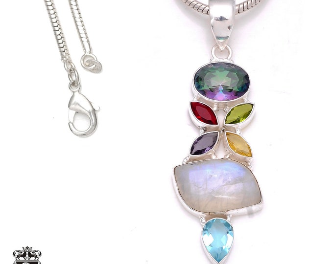 3 inch Moonstone Multi-Stone 925 Sterling Silver Pendant & 3MM Italian 925 Sterling Silver Chain P8014