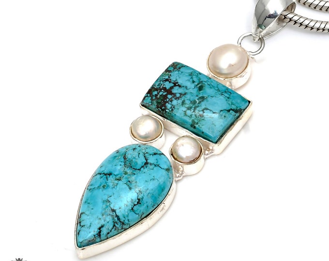 Pinto Valley Turquoise Pearl 925 Sterling Silver Pendant & 3MM Italian Chain P6882