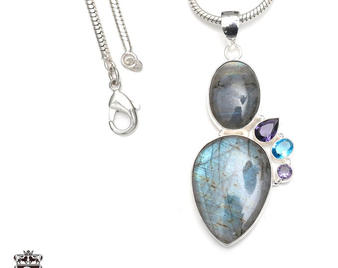 Labradorite 925 Sterling Silver Pendant & 3MM Italian 925 Sterling Silver Chain P9212