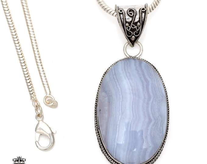 Namibian BLUE LACE Agate Pendant & FREE 3MM Italian 925 Sterling Silver Chain V555