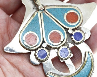 Pendentif Népalais Lapis-Lazuli, Corail, Turquoise - Argenté, Taille 3", Neuf Sans Emballage