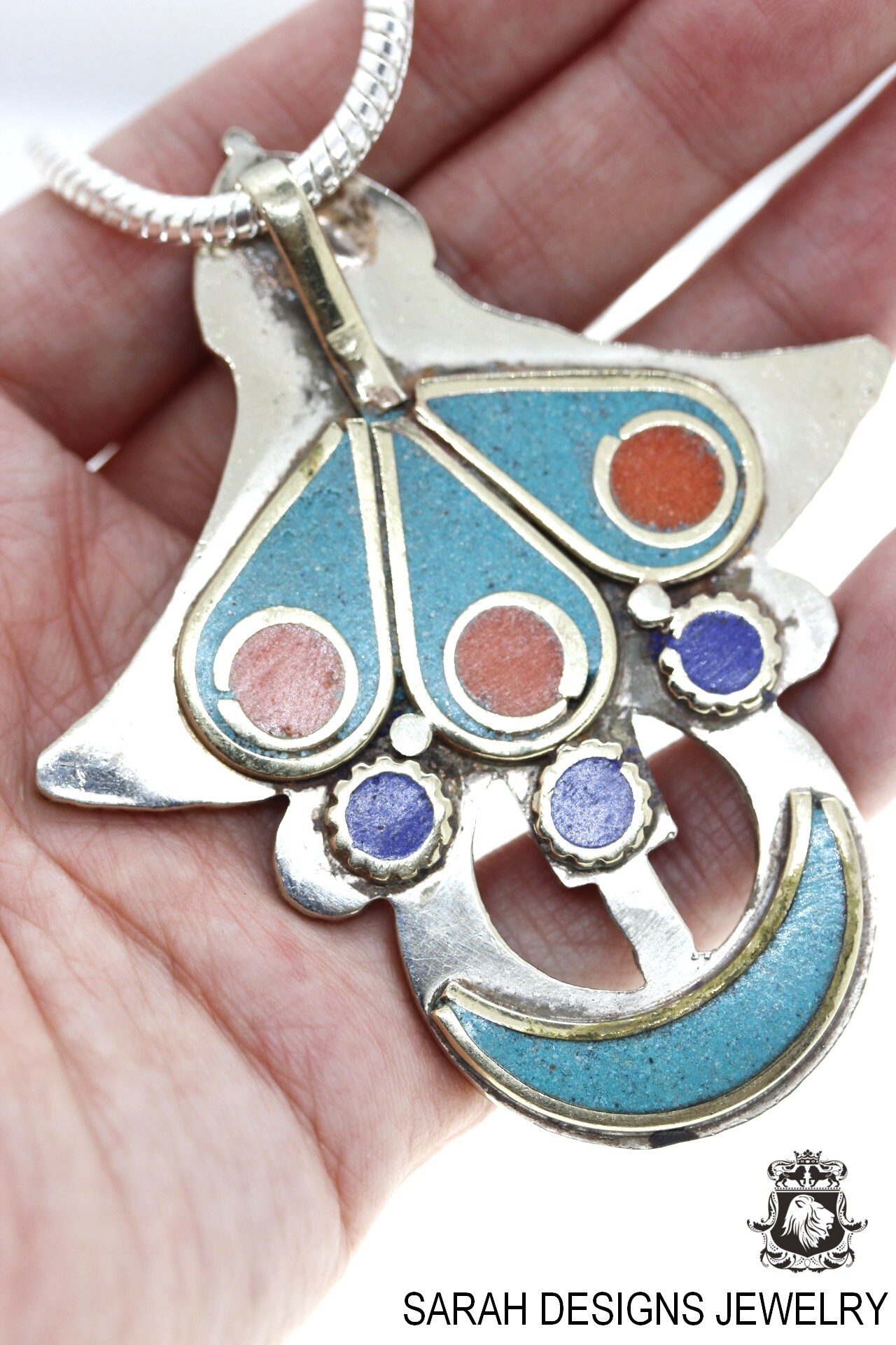 Pendentif Népal-tibétain En Argent Avec Turquoise, Corail, Lapis-lazuli - Neuf Sans Emballage