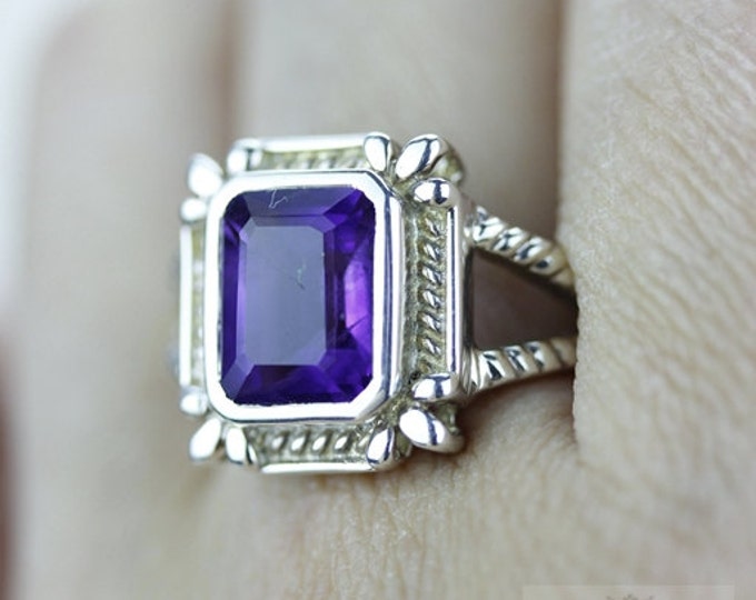 Size 8 RADIANT Cut AMETHYST Fine 925 Sterling Silver Ring (Nickel Free) r718