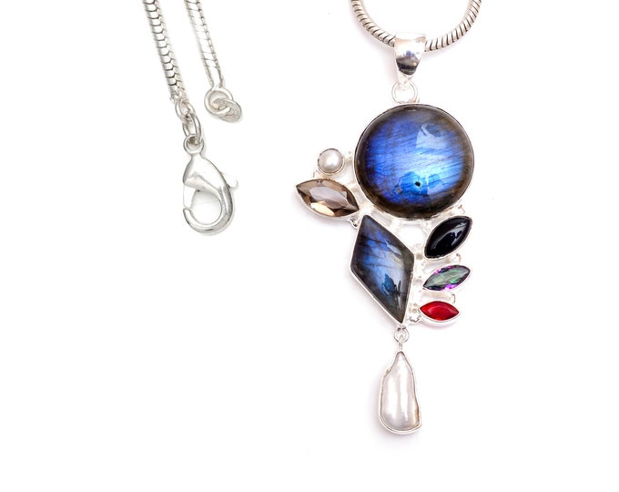 Rare find! Amazing Fire Labradorite Smoky Topaz Pearl Garnet Black Tourmaline 925 Sterling Silver Pendant & 3MM Italian Chain P9461