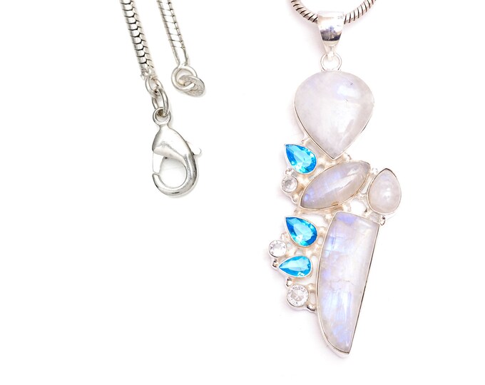 Statement Piece! Rainbow Moonstone Blue Topaz 925 Sterling Silver Pendant & 3MM Italian 925 Sterling Silver Chain P9415