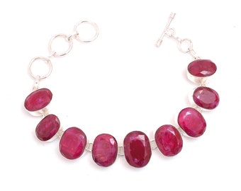 Pure Red! Ceylon Ruby Genuine Gemstone 925 Sterling Silver Bracelet B4623