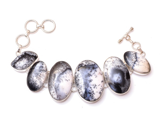 Australian Dendritic Agates Genuine Gemstone 925 Sterling Silver Bracelet B4660