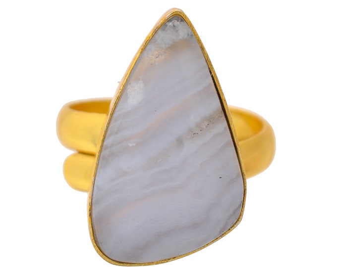 Size 9.5 - Size 11 Blue Lace Agate Ring Meditation Ring 24K Gold Ring GPR1701