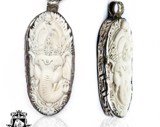 Crowned Ganesha Carving Pendant & FREE 3MM Italian 925 Sterling Silver Chain N82
