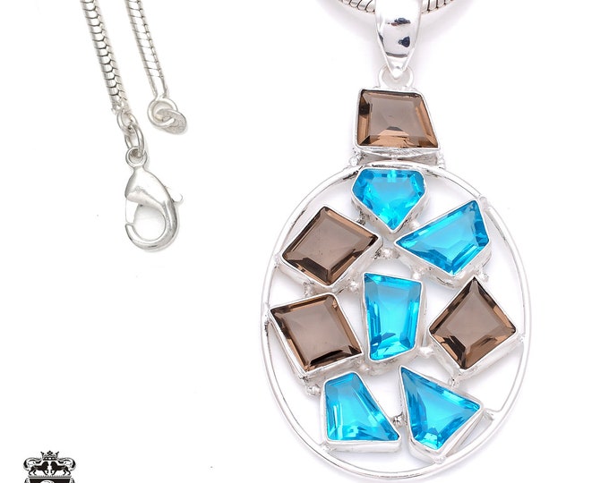 London Blue Topaz Smokey Quartz 925 Sterling Silver Pendant & 3MM Italian 925 Sterling Silver Chain P7965