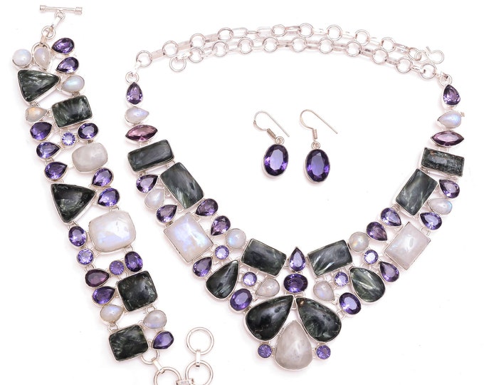 Classy Concept! Moonstone Seraphinite Amethyst Fine 925 Sterling Silver Bracelet Necklace Dangle & Drop Earrings SET1120