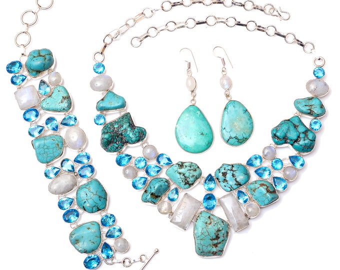 Number 8 Turquoise Nugget Moonstone Blue Topaz Fine 925 Sterling Silver Earrings Bracelet Necklace Set SET1168