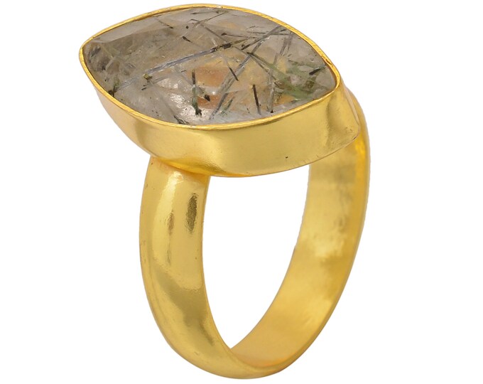 Size 8.5 - Size 10 Tourmalated Quartz Ring Meditation Ring 24K Gold Ring GPR1551