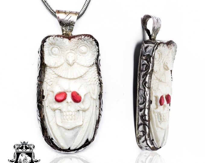 Red Eyed Skull with Owl Carving Pendant & FREE 3MM Italian 925 Sterling Silver Chain N258