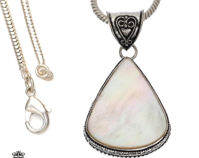 MOTHER of PEARL Shell Pendant & FREE 3MM Italian 925 Sterling Silver Chain V1152