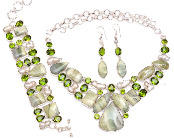 Green as Shrek! Washington Serpentine Pearl Fine 925 Sterling Silver Necklace Bracelet Dangle Earrings SET1145