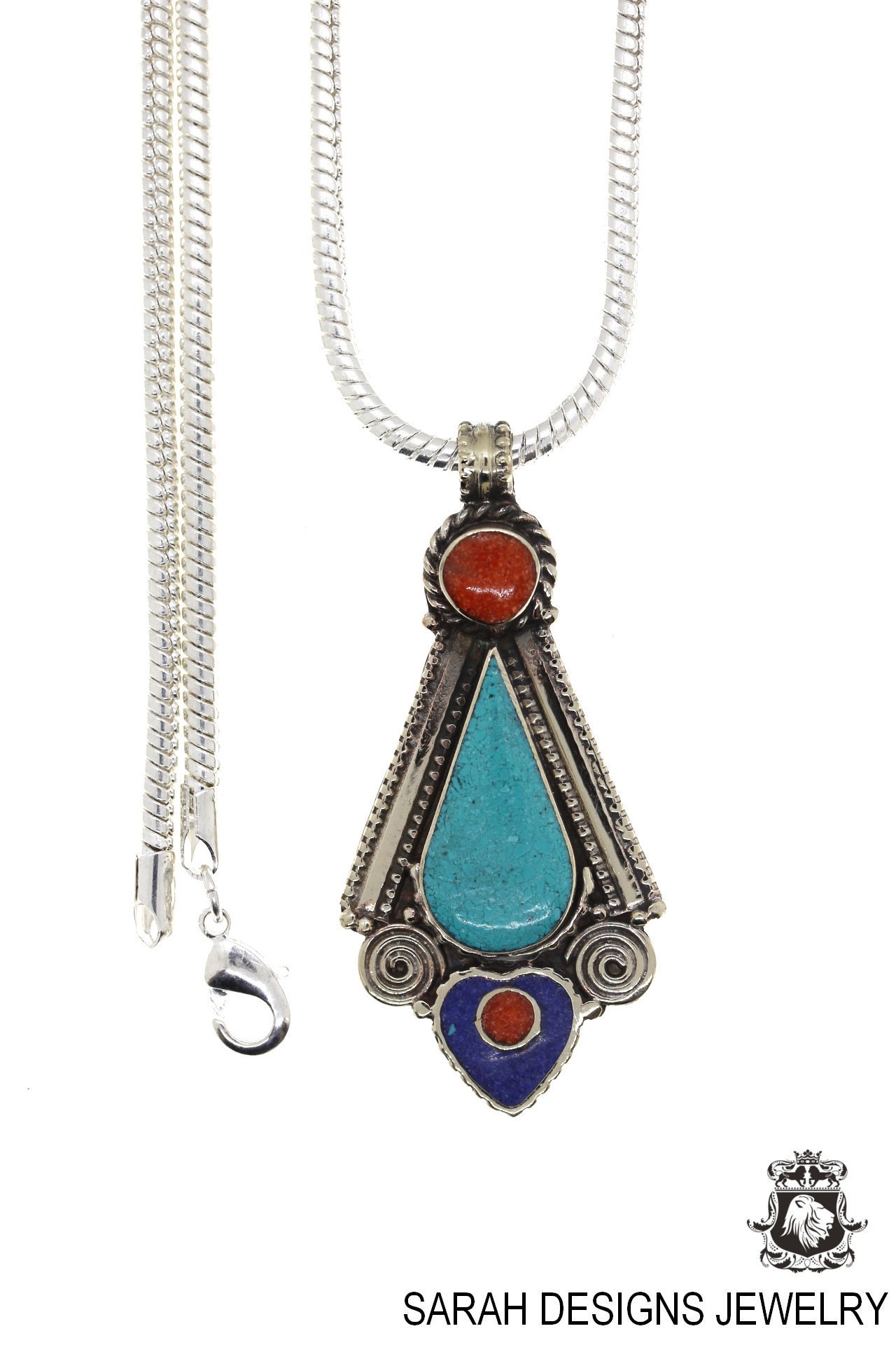TibetanBeadStore Mosaic Inlay Tibetan Pendant Jewelry WM7148 Lapis /& Coral Inlays Ethnic Nepal Tibetan Spiral Pendant with Turquoise