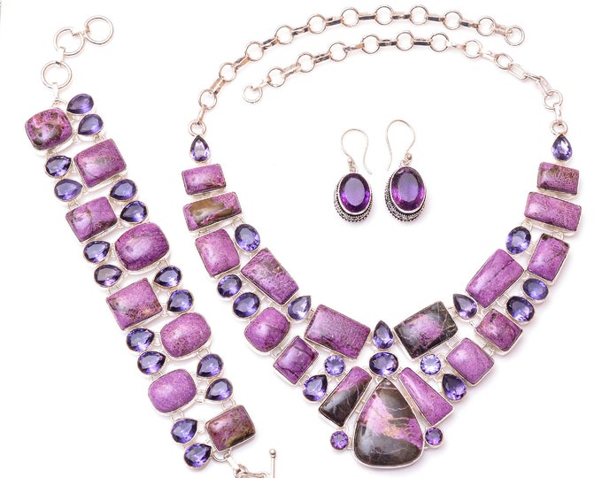 Sugilite Purpurite Amethyst Fine 925 Sterling Silver Earrings Bracelet Necklace Set SET1184