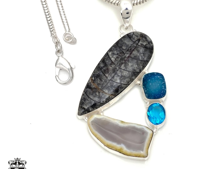 Orthoceras Fossil Sterling Silver Pendant & FREE 3MM Italian 925 Sterling Silver Chain P7788