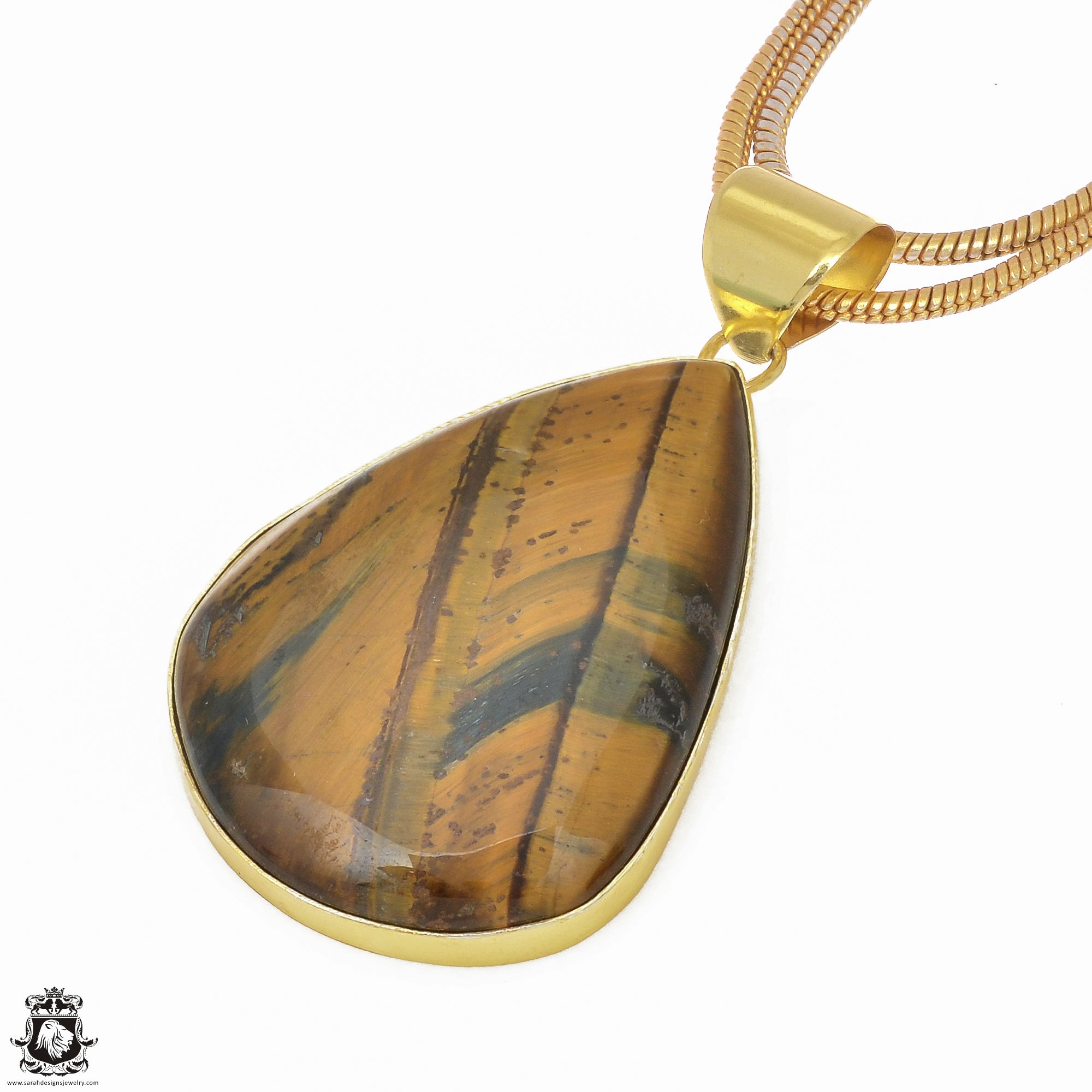 Collier Pendentif Œil De Tigre Éléphant - Chaîne Serpent Doré - Zoë Battles Designs - Neuf Sans Emballage