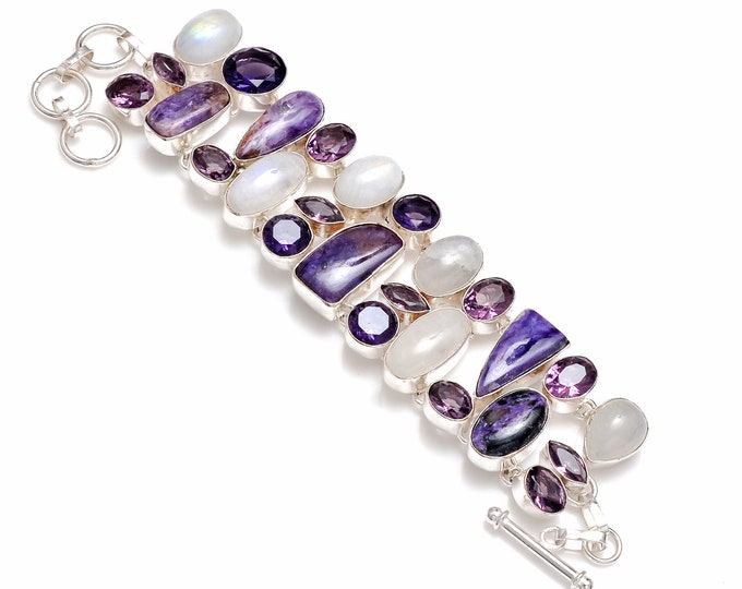 Charoite Amethyst Moonstone 925 Sterling Silver Bracelet B4253