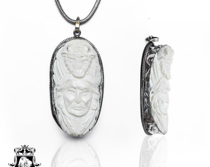 Bison Native Chief Mangas Coloradas Carving Pendant & FREE 3MM Italian 925 Sterling Silver Chain N524