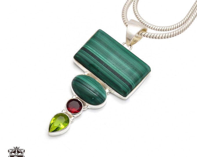 Malachite Peridot 925 Sterling Silver Pendant & 3MM Italian 925 Sterling Silver Chain P9379