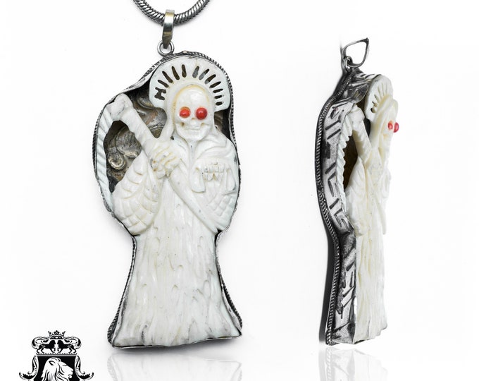 Grim Reaper Carving Pendant & FREE 3MM Italian 925 Sterling Silver Chain N536