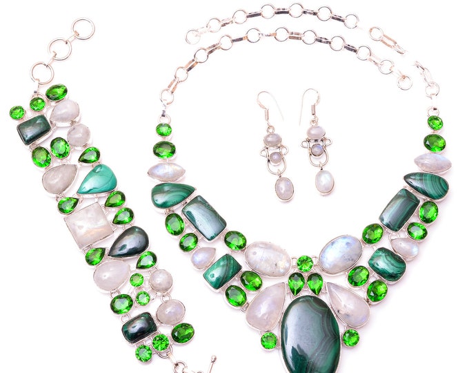 Malachite Moonstone Chrome Diopside Fine 925 Sterling Silver Earrings Bracelet Necklace Set SET1201