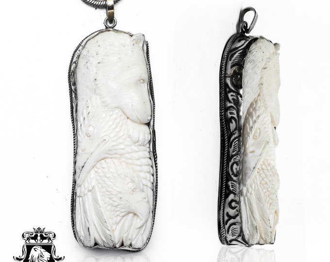 Bear Chasing Flock of Eagles Carving Pendant & FREE 3MM Italian 925 Sterling Silver Chain N371