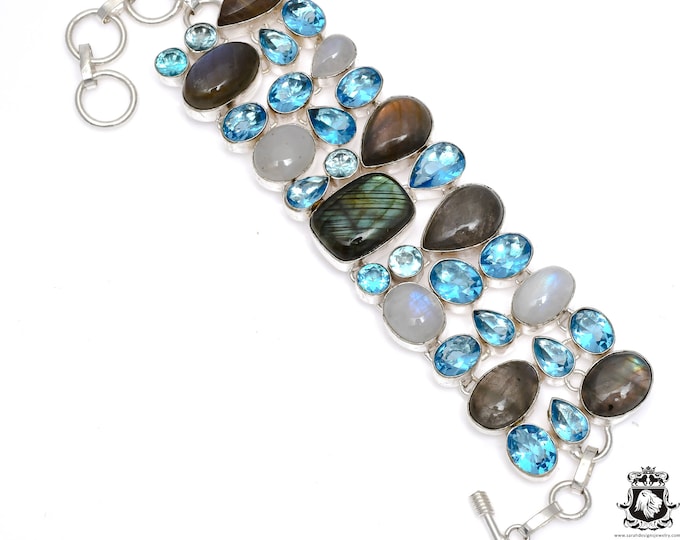 Labradorite Blue Topaz Moonstone 925 Sterling Silver Bracelet B3583