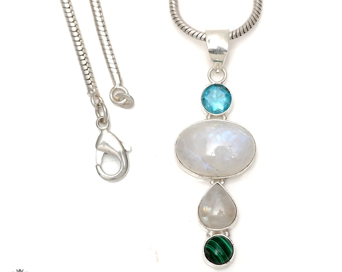 Moonstone Blue Topaz 925 Sterling Silver Pendant & 3MM Italian 925 Sterling Silver Chain P6541