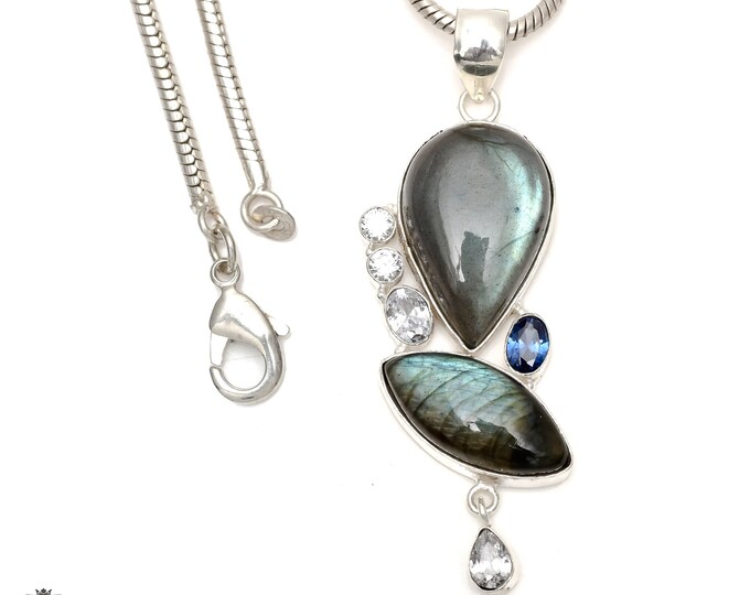 Labradorite Blue Topaz 925 Sterling Silver Pendant & 3MM Italian 925 Sterling Silver Chain P6546