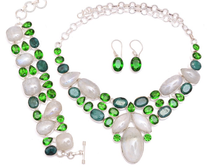 Rainbow Moonstone Irradiated Peridot Emerald Necklace Bracelet Dangle & Drop Earrings • Birthstone Necklace SET1146