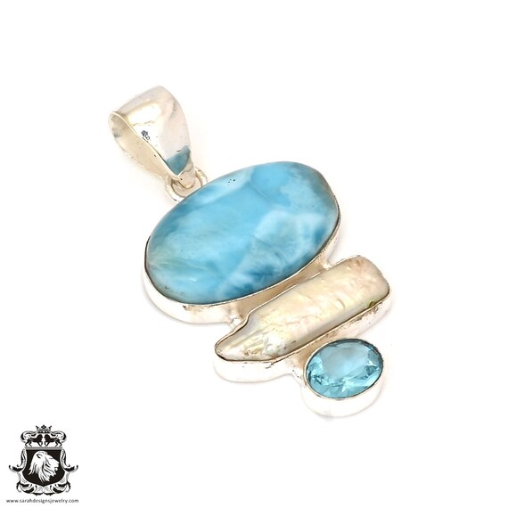 Larimar Pearl Blue Topaz 925 Sterling Silver Pendant & 2MM
