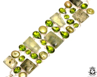 Prehnite Peridot Pearl 925 Sterling Silver Bracelet B3632