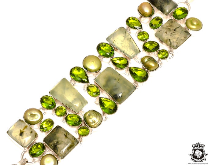 Prehnite Peridot Pearl 925 Sterling Silver Bracelet B3632