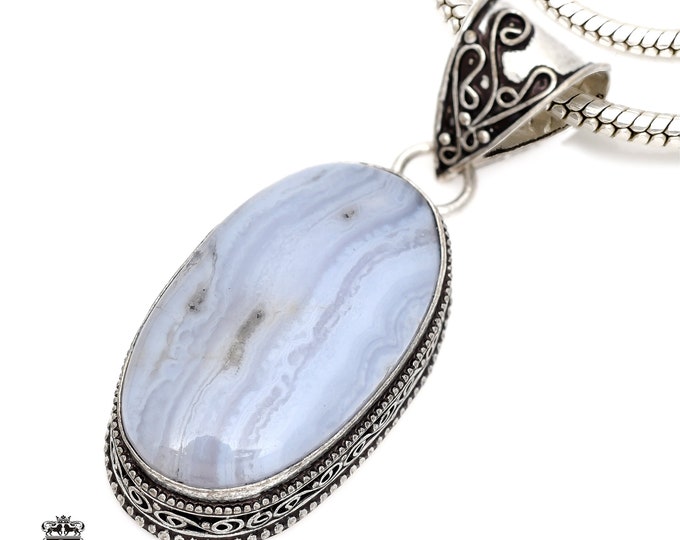 Namibian BLUE LACE Agate Pendant & FREE 3MM Italian 925 Sterling Silver ChainV556