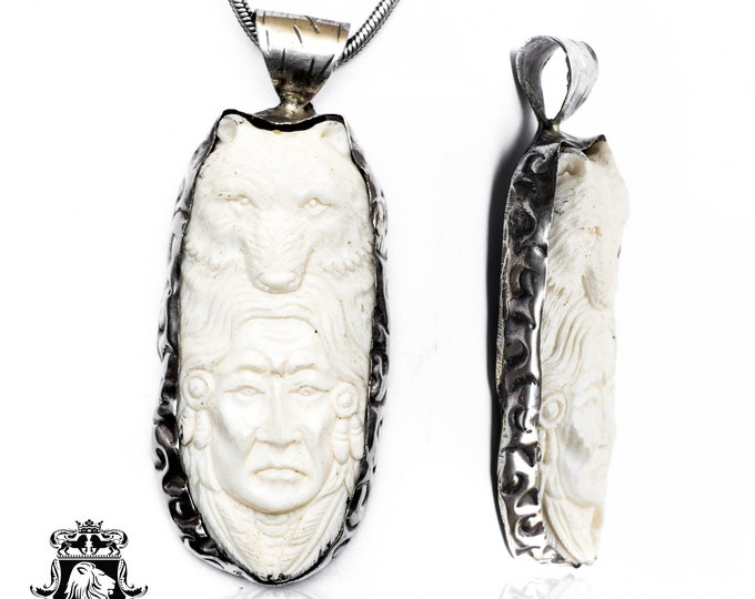 Chief Cochise with Bear Carving Pendant & FREE 3MM Italian 925 Sterling Silver Chain N232