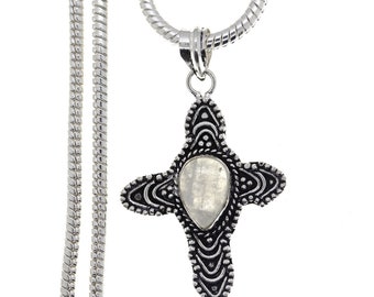 Cross Setting Milky Moonstone 925 Sterling Silver Pendant & 2MM Italian 925 Sterling Silver Chain P4699