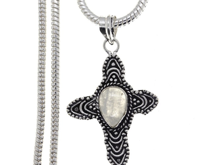 Cross Setting Milky Moonstone 925 Sterling Silver Pendant & 3MM Italian 925 Sterling Silver Chain P4699