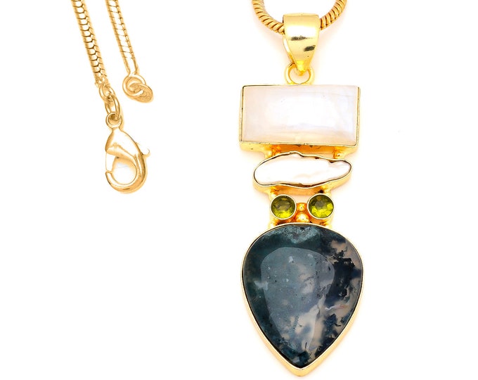 Moonstone Moss Agate 24K Gold Pendant & 3mm Snake Chain GP201