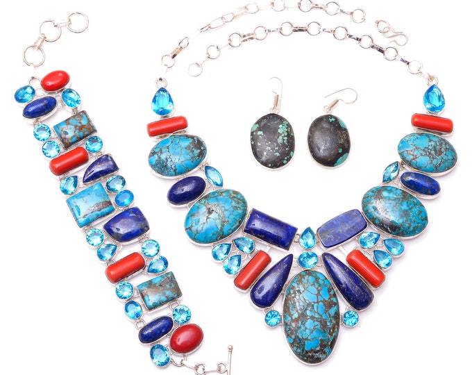 Blue Moon Turquoise Coral Lapis Fine 925 Sterling Silver Earrings Bracelet Necklace Set SET1205