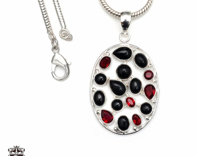 Onyx Garnet 925 Sterling Silver Pendant & 3MM Italian 925 Sterling Silver Chain P9321