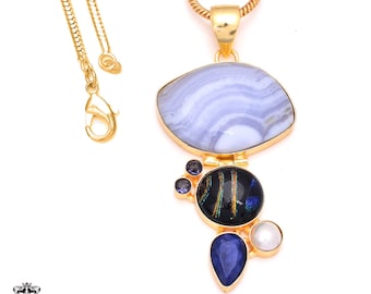 Blue Lace Agate Dichroic Glass 24K Gold Pendant & 3mm Snake Chain GP194