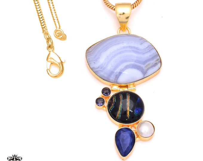 Blue Lace Agate Dichroic Glass 24K Gold Pendant & 3mm Snake Chain GP194
