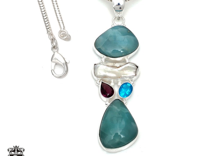 Larimar 925 Sterling Silver Pendant & 3MM Italian 925 Sterling Silver Chain Necklace P7813