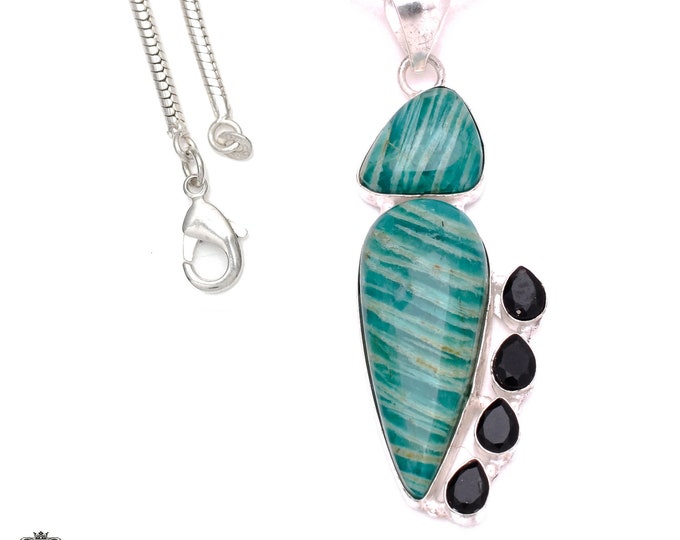 3 Inch Amazonite Black Tourmaline 925 Sterling Silver Pendant & 3MM Italian 925 Sterling Silver Chain P8077